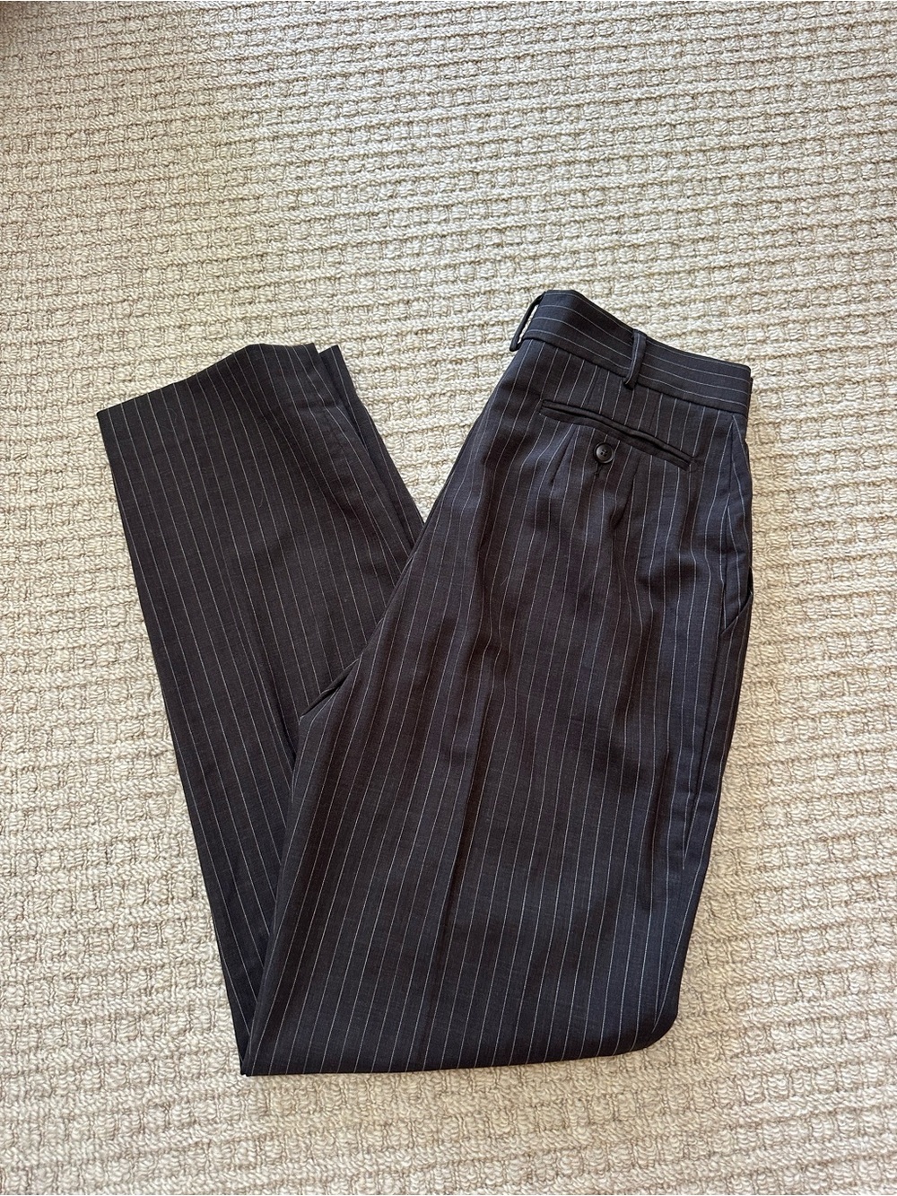 Max Mara Vintage 90s Dark Brown Pinstriped Virgin Wool Tailored Pants Sz 6